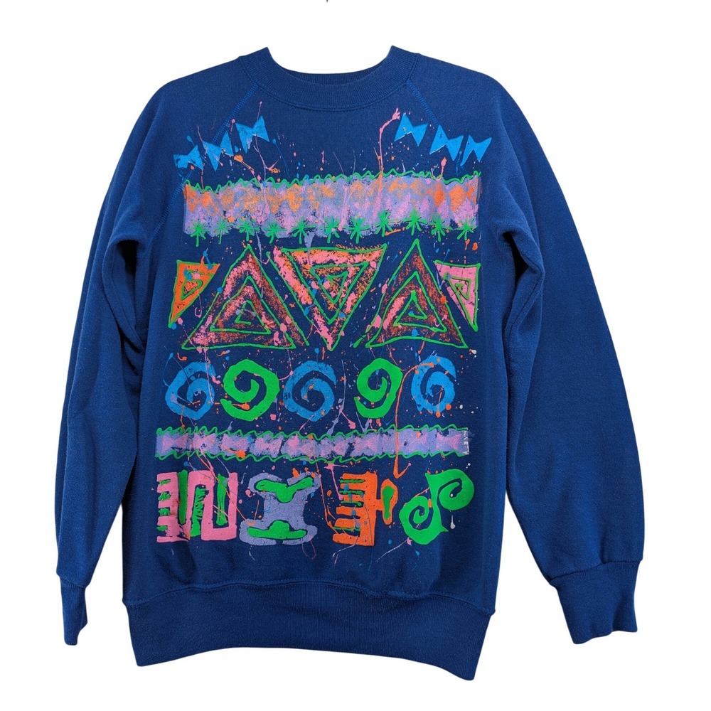 Vintage Bassett-Walker‎ Neon Geometric Puff Print Sweatshirt Blue 80s 90s USA M